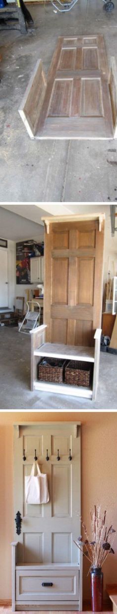 a wooden door sitting in the middle of a room next to a shelf with baskets on it