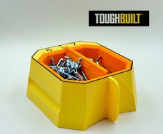 a yellow container filled with lots of screws