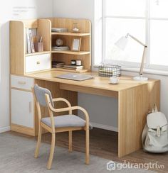 a wooden desk with a chair next to it and a book shelf on the wall