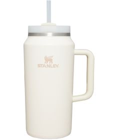 a white travel mug with a stainless steel lid and straw in the cup is shown on a white background