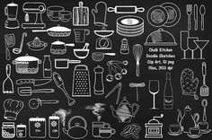 a chalkboard drawing of kitchen utensils on a blackboard