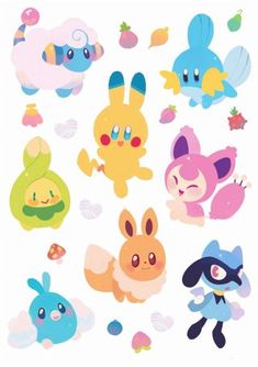 an assortment of cute pokemon stickers on a white background, with different colors and shapes