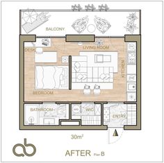 the floor plan for an apartment with three bedroom and two bathroom areas, including one living room