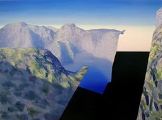 an abstract painting with mountains and blue sky in the background, as seen from above