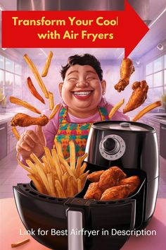 an advertisement for air fryers with a cartoon character