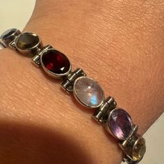 Vintage 925 Silver Sterling , Natural Stones Garnet, Amethyst, Peridot, Topaz Bracelet, 7-8 Size Topaz Bracelet, Womens Jewelry Bracelets, Stone Color, Garnet, Natural Stones, Topaz, 925 Silver, Amethyst, Size 7