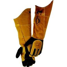 a pair of yellow gloves with black leather palms