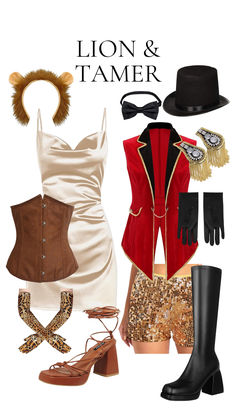 A Lion and Tamer-inspired duo costume featuring a satin slip dress, lion ears headband, leopard print gloves, a brown corset, a red velvet jacket with gold epaulettes, sequin shorts, a top hat, and black boots. Perfect Halloween costume for best friends. Duo Best Friends Costumes, Cute Lion Halloween Costumes, Circus Trainer Costume, Spooky Circus Costumes, Lion And Tamer Costume Couples, Cute Friend Duo Halloween Costumes, Ring Leader And Lion Costume, Circus Master Costume Women, Ring Leader Halloween Costume