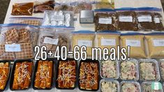 there are many different types of food on the table with words above it that read, 26 + 40 meals