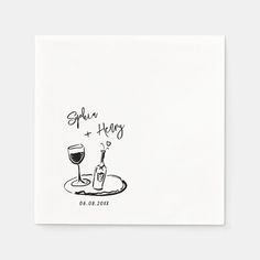 a card with an illustration of a glass of wine and a bottle on the table