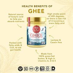 a jar of ghee is shown with information about the ingredients and how to use it