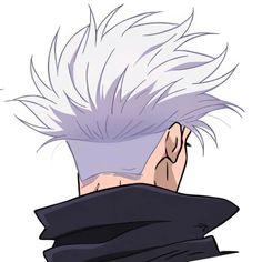 an anime character with white hair and blue eyes looking to his left, wearing black clothes