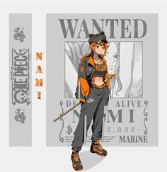 an anime character is standing in front of a poster with the words wanted on it