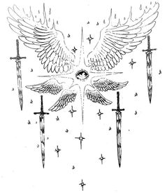 a drawing of two swords with wings and stars around them on a white background, surrounded by stars