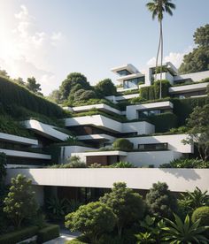 an architecturally designed building with lots of trees and bushes on the side of it