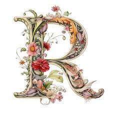 the letter r is decorated with flowers and leaves