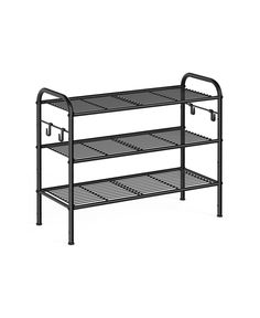 a metal shelf with three shelves and two hooks on the bottom, against a white background