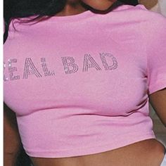 Pink Crop Top With Rhinestone Details! Fits True To Size! 95% Polyester 5% Spandex #Real-Bad Boots Available As Well! Search Material Girl! 2000 Rinestone Shirt, Tops Summer 2023, Shirts Grunge, Trashy Aesthetic, 2000s Trashy, Girls Streetwear, Grunge 2000s, Y2k Crop Top, Love Fest