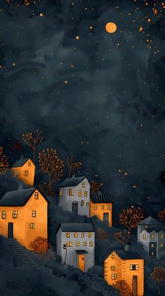 a painting of houses on a hill at night