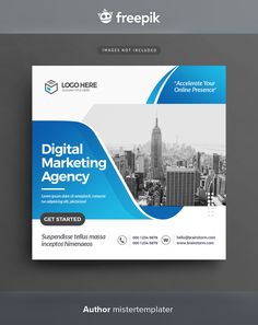 a blue and white business flyer with the words digital marketing agency on it, in front of a cityscape