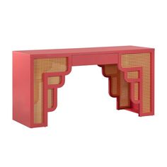 a pink desk with an intricate design on the top and bottom section, in front of a white background