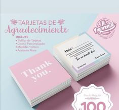 a pink and white business card with the words thank you written on it, in spanish