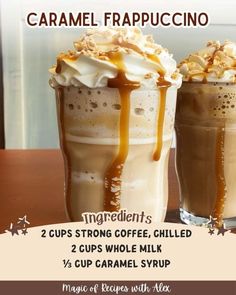 two cups filled with caramel frappuccino on top of a wooden table