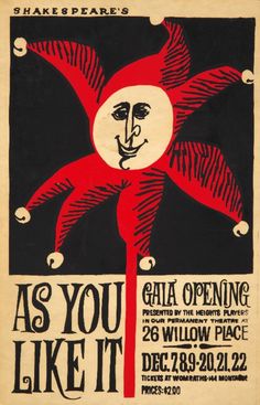 a poster for shakespeare's as you like it with an image of a clown