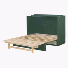 the bed frame is made from wood and has a green metal box on one side