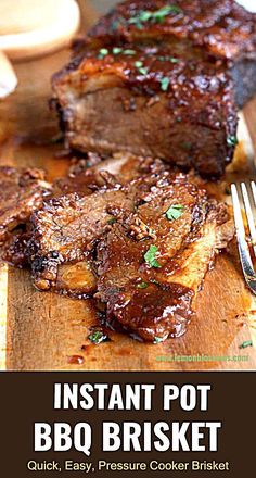 instant pot bbq brisket recipe on a cutting board with fork and knife next to it