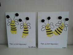 two greeting cards with yellow and black bees on them