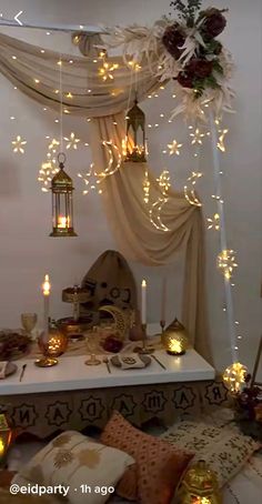 a table topped with lots of candles and lights