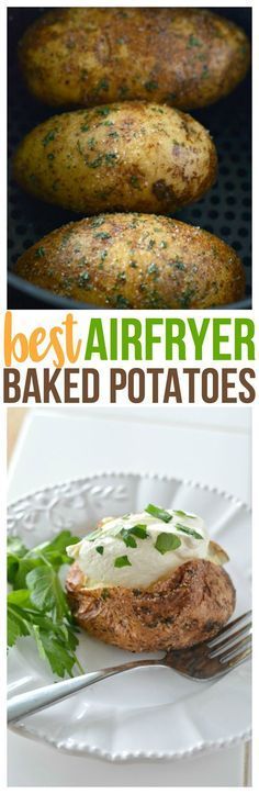 baked potatoes with parsley on top and in the foreground are images of breads,