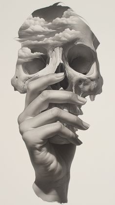 a black and white photo of a human skull with hands holding it up to its face