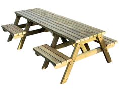 two wooden picnic tables sitting next to each other on top of a white background,