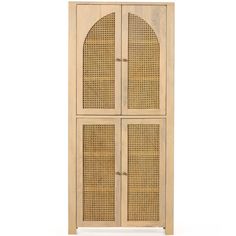 a wooden cabinet with wicker doors on the front and side panels, one door open