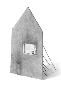 a pencil drawing of a house with stairs leading up to the door and an open window