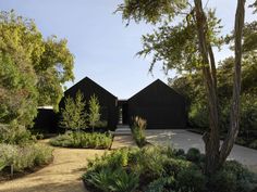 the black house is surrounded by trees and plants, with an open walkway leading to it