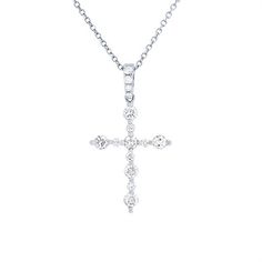 This cross pendant features a contemporary look with alternating sizes of round brilliant cut diamonds totaling 0.38 carats. Classic Diamond White Cross Necklace With Cubic Zirconia, Classic Diamond White Cubic Zirconia Cross Necklace, Classic Cubic Zirconia Cross Necklace In Diamond White, White Gold Diamond Round Cross Necklace, Classic Diamond White Diamond Cross Necklace, Classic Diamond Cross Necklace In Diamond White, Classic Diamond Necklace With Brilliant Cut Cross Pendant, Diamond Cross Pendant Necklace, Classic Brilliant Cut Diamond Cross Pendant Necklace