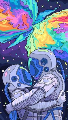 an astronaut hugging his companion in the outer space, with colorful clouds and stars behind him