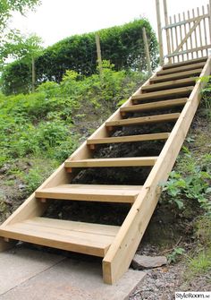 wooden steps leading up to the top of a hill in front of bushes and trees