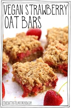 vegan strawberry oat bars with crumbs on top