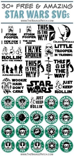 the star wars svg bundle is shown in black and green, with various stickers