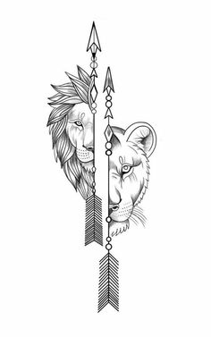 a drawing of two lions with arrows on their heads and one is holding an arrow