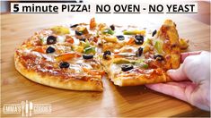 a person is taking a slice of pizza from a wooden cutting board with the words 5 minute pizza no oven - no yeast