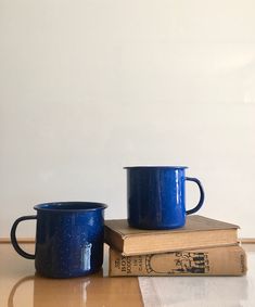 two blue mugs sitting on top of books