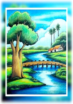 a painting of a river and bridge with palm trees in the foreground, and a house on the other side