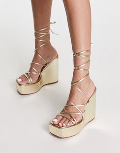 Shoes by ASOS DESIGN Dress from the feet up Tie-leg fastening Open toe Platform sole High wedge heel Goddess Sandals, Senior Hoco, Hoco Inspo, Gold Trend, White Wedge Sandals, Wedge Shoe, Gold Wedges, Shoe Ideas, High Wedges