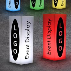 four different colored lights with the words event distory written on them in black, white, red, yellow and green