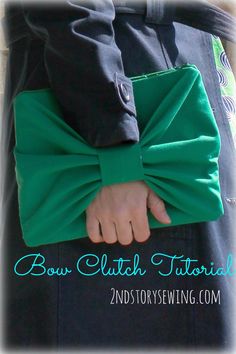 a close up of a person wearing a green bow tie and black pants with text overlay that reads bow clutch pattern